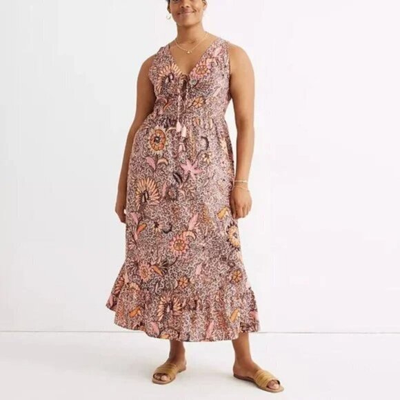 NWT MADEWELL Lace-Up Ruffle-Hem Midi Dress in Bali Blooms - Picture 3 of 13